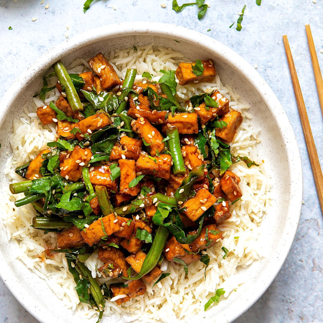 Vegan Sticky Sesame Tofu with Spring Greens | Cauldron