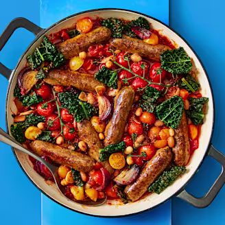 Cauldron Cumberland Sausages and mixed bean casserole in a dish