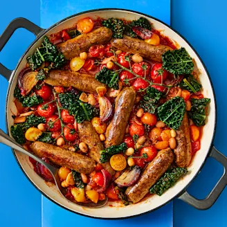 Cauldron Cumberland Sausages and mixed bean casserole in a dish