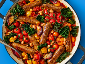 Cauldron Cumberland Sausages and mixed bean casserole in a dish