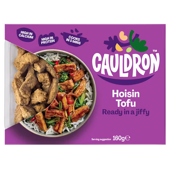 Cauldron Hoisin Tofu in purple packaging with a see-through section to showcase the tofu pieces  