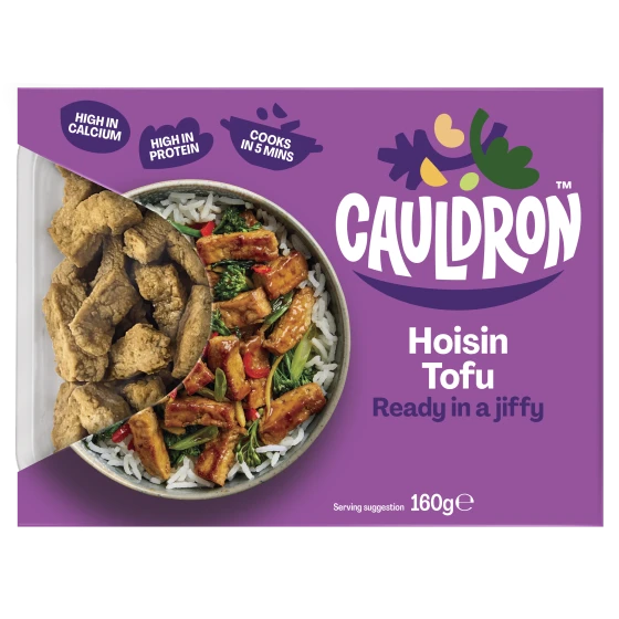 Cauldron Hoisin Tofu in purple packaging with a see-through section to showcase the tofu pieces  