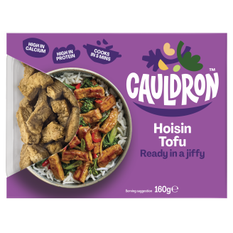 Cauldron Hoisin Tofu in purple packaging with a see-through section to showcase the tofu pieces  