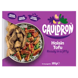 Cauldron Hoisin Tofu in purple packaging with a see-through section to showcase the tofu pieces
