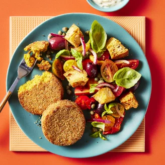 Pumpkin and Carrot with Panzanella on a plate