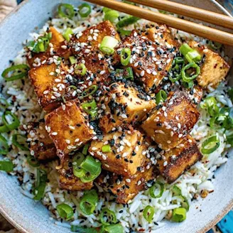 Sticky tofu rice bowl with crispy tofu in a bowl