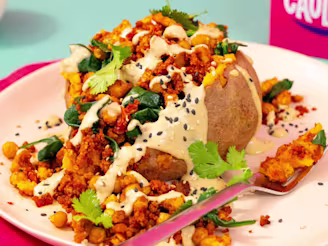 Jacket potato topped with a Cauldron Tofu mix