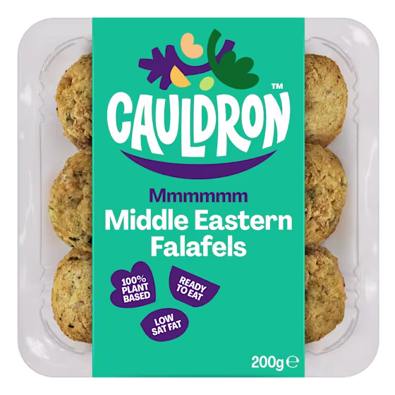 Cauldron Vegan Middles Eastern Falafels with blue packaging and a see-through section to showcase the falafels 