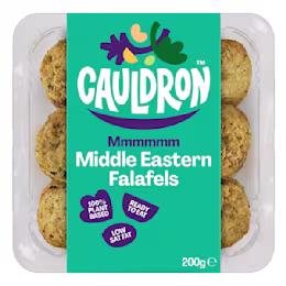 Cauldron Vegan Middles Eastern Falafels with blue packaging and a see-through section to showcase the falafels