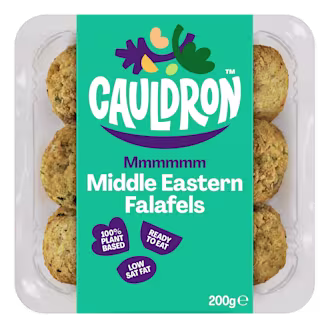 Cauldron Vegan Middles Eastern Falafels with blue packaging and a see-through section to showcase the falafels
