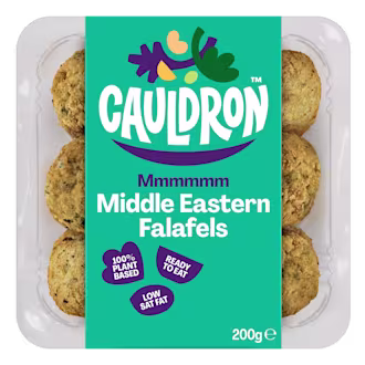 Cauldron Vegan Middles Eastern Falafels with blue packaging and a see-through section to showcase the falafels