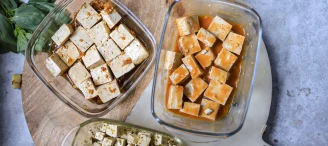 Cauldron Tofu being marinated in glass bowls