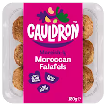 Cauldron Vegan Moroccan falafels with pink packaging with a see-through section to display the falafel