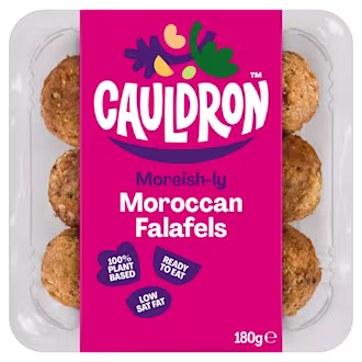 Cauldron Vegan Moroccan falafels with pink packaging with a see-through section to display the falafel