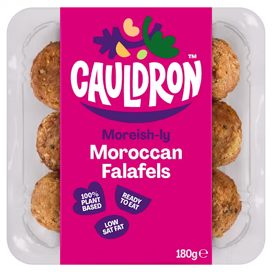 Cauldron Vegan Moroccan falafels with pink packaging with a see-through section to display the falafel