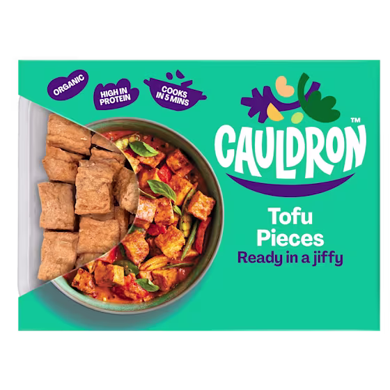 Green Cauldron Tofu Pieces Packaging with Cauldron logo and meal example featuring tofu pieces