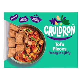Green Cauldron Tofu Pieces Packaging with Cauldron logo and meal example featuring tofu pieces