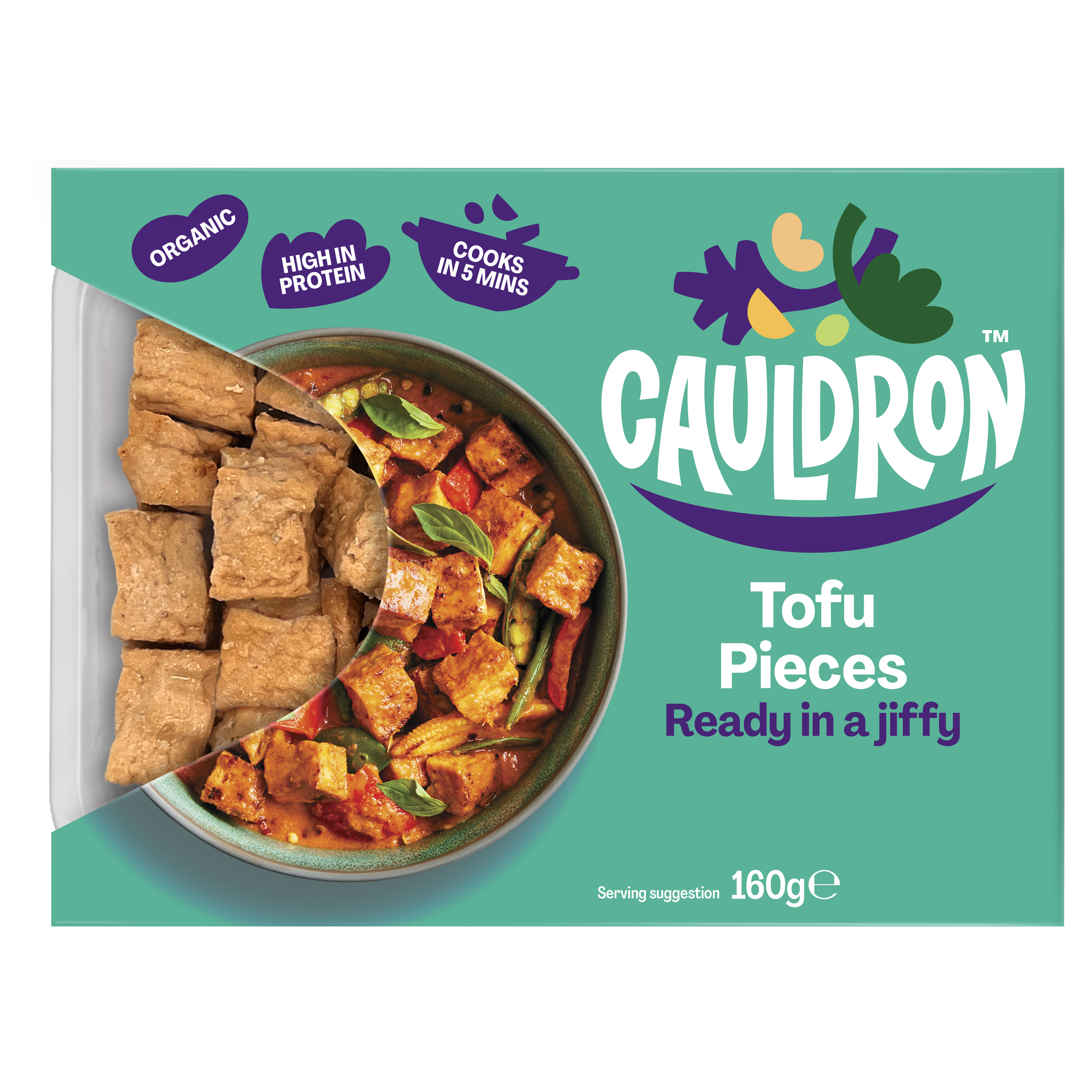 Green Cauldron Tofu Pieces Packaging with Cauldron logo and meal example featuring tofu pieces