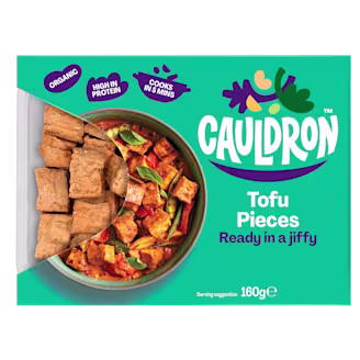 Green Cauldron Tofu Pieces Packaging with Cauldron logo and meal example featuring tofu pieces