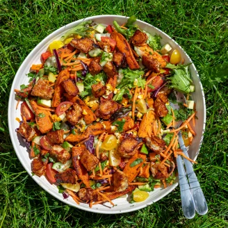 A serving bowl full of BBQ Tofu Rainbow Summer Salad, a spoon and fork on a grassed background