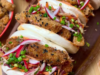 Four bao buns with Marinated Tofu and rainbow slaw filling. Red Cauldron Marinated Tofu packaging in the background.
