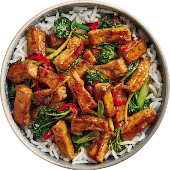 Cauldron Hoisin Tofu Bowl served with vegetables on a bed of white rice