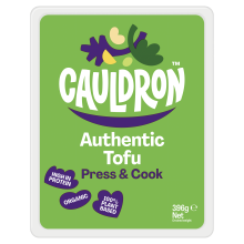 Cauldron Authentic Tofu packaging with a green background 
