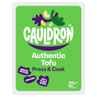 Cauldron Authentic Tofu packaging with a green background