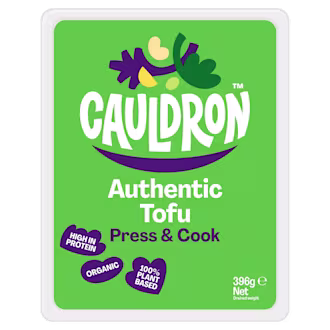 Cauldron Authentic Tofu packaging with a green background