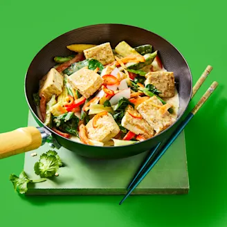 Vegan Thai Green Curry using Cauldron Tofu on a plate