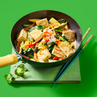 Vegan Thai Green Curry using Cauldron Tofu on a plate