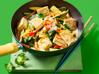 Vegan Thai Green Curry using Cauldron Tofu on a plate