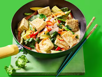 Vegan Thai Green Curry using Cauldron Tofu on a plate