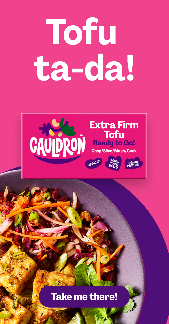 carousel image of Cauldron Extra Firm Tofu in pink packaging with an image of tofu served with a slaw with text reading 'tofu ta-da!'