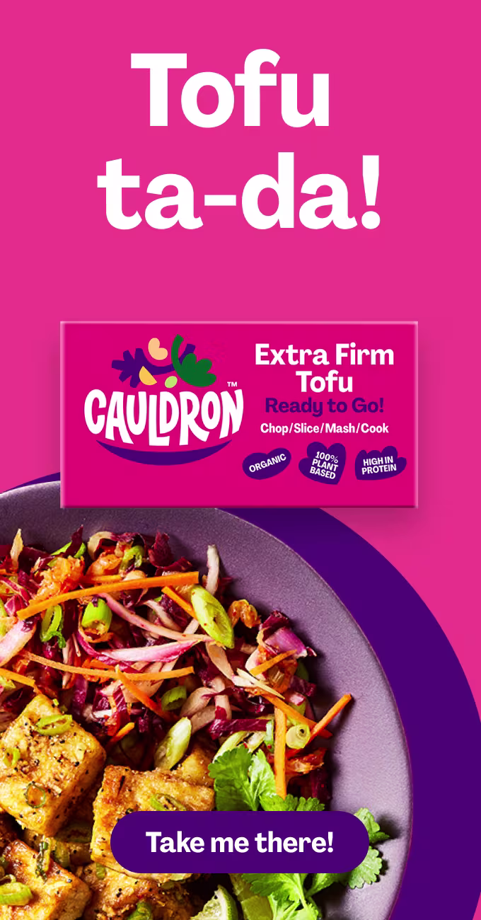 carousel image of Cauldron Extra Firm Tofu in pink packaging with an image of tofu served with a slaw with text reading 'tofu ta-da!'