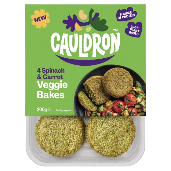 Cauldron Spinach and Carrot veggie bake packaging with a see-through section to display the veggie bakes 