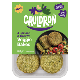 Cauldron Spinach and Carrot veggie bake packaging with a see-through section to display the veggie bakes 