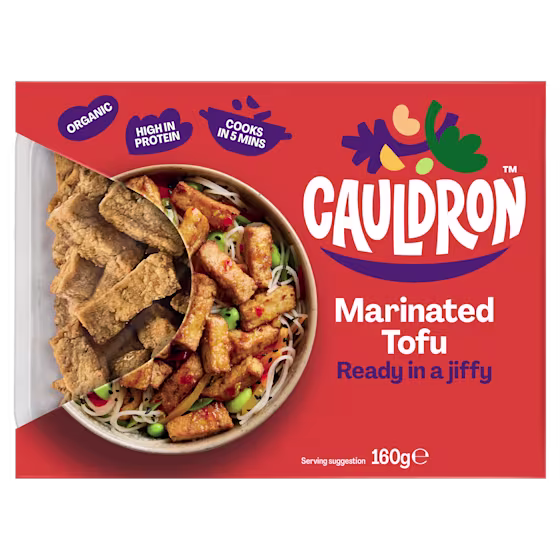Cauldron Marinated Tofu with red packaging with a see-through section to showcase the tofu pieces