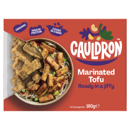Cauldron Marinated Tofu with red packaging with a see-through section to showcase the tofu pieces