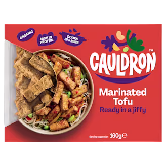 Cauldron Marinated Tofu with red packaging with a see-through section to showcase the tofu pieces