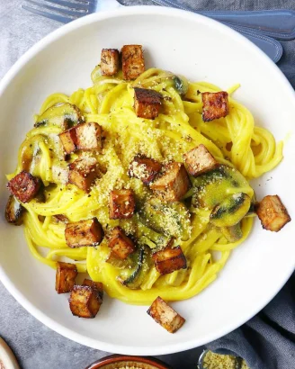 Yellow carbonara spaghetti pasta with tofu in deep white bowls, small dish with parmesan cheese to side.