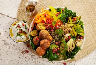 Falafel grain bowl with vegetables using Cauldron Falafels