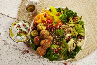 Falafel grain bowl with vegetables using Cauldron Falafels