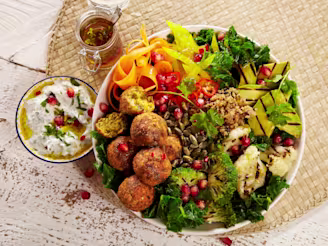 Falafel grain bowl with vegetables using Cauldron Falafels