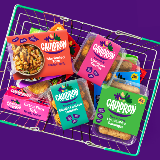 Several cauldron products are in the basket with a purple background.