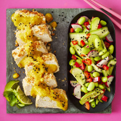 Sliced tofu topped with Katsu curry served alongside a salad including edamame, cucumber, radish and peppers, presented on a grey slab with a pink background. 
