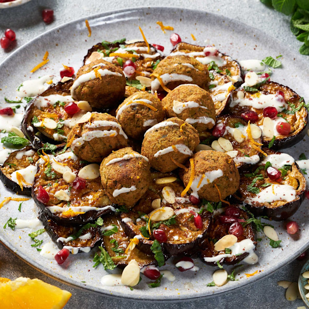 Roasted Aubergine & Middle Eastern Falafel Bake | Cauldron