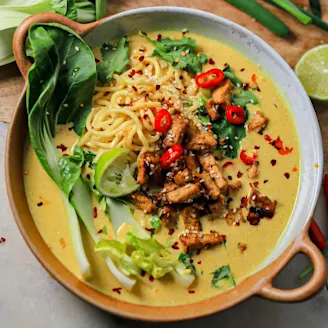 Curried tofu ramen in a bowl using Cauldron Tofu alongside veggies 