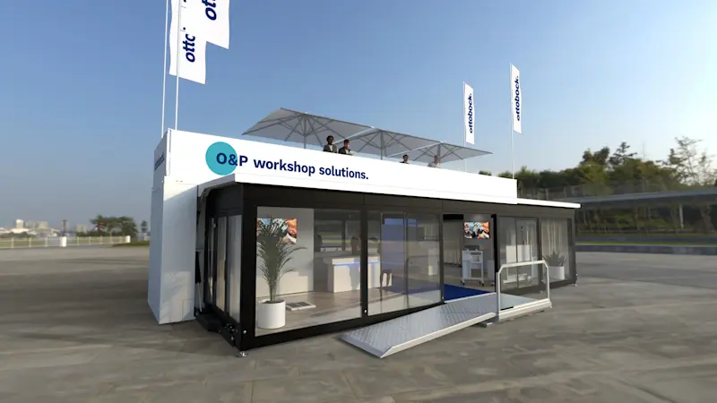 Ottobock outdoor exhibition stand at OTWorld 2026 showcasing prosthetic and orthotic innovations in a modern open pavilion setup