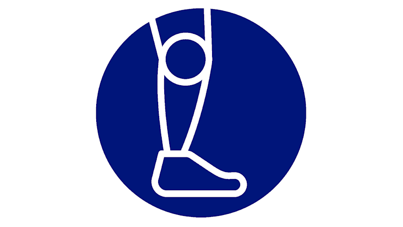 The image shows the logo of the Ottobock connectgo app. It features a white, stylized lower leg with a knee joint and foot on a dark blue circular background. The logo represents the digital control and personalized adjustment of Ottobock lower limb prostheses and orthoses using the connectgo smartphone app.